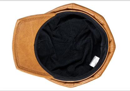 Square Octagonal Retro Genuine Leather Hat Men's Sheepskin Leather Beret Casual Fashion Student Tongue Cap Caps Brown/Black