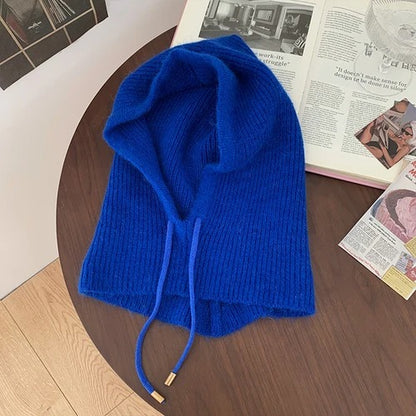Winter Rabbit Hair Knitted Scarf Hood Hat Women Cashmere  Warm  Beanie Unisex Balaclava Bib Skiing Outdoor Wool Bonnet