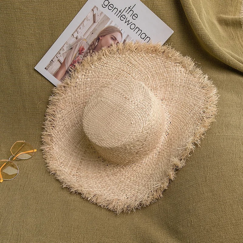 100% Handmade Natural Raffia Hats Women Flat Top Wide Brim Straw Hat Beach Hat Lady  Holiday Panama Sun Protection Sun Hat