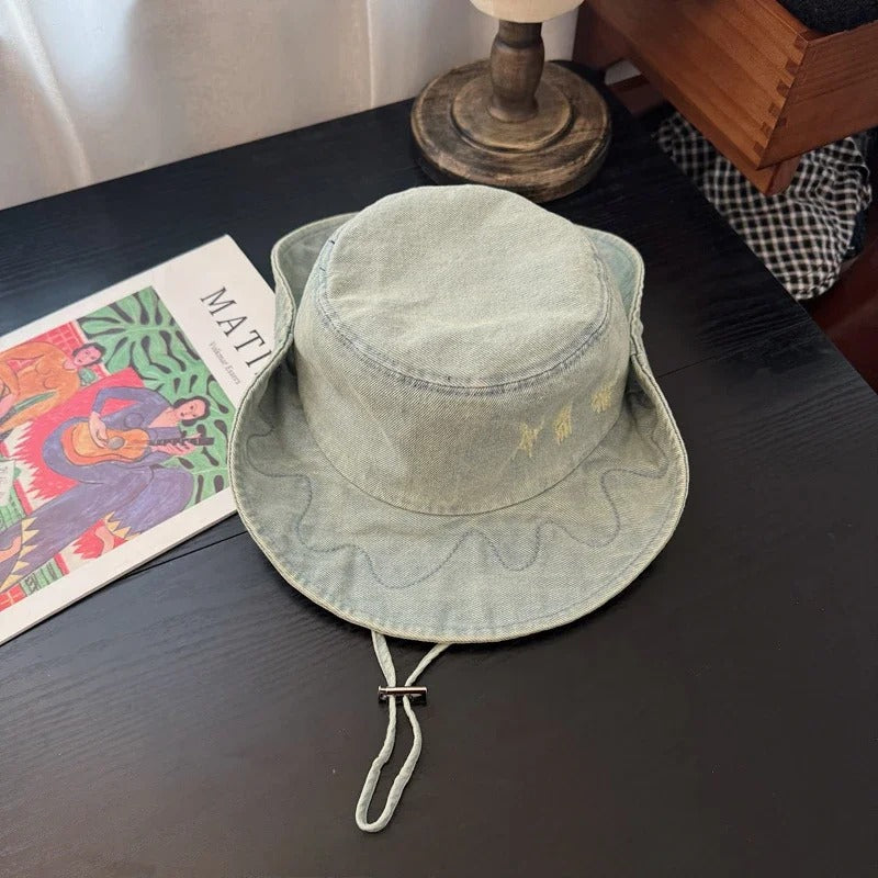 Cowboy Hiking Bucket Hat with String Men Denim Beach Sun Hat for Women Outdoor Couple Bob Panama Summer Fisherman Hat