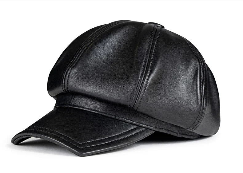 Square Octagonal Retro Genuine Leather Hat Men's Sheepskin Leather Beret Casual Fashion Student Tongue Cap Caps Brown/Black