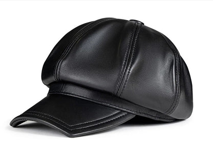Square Octagonal Retro Genuine Leather Hat Men's Sheepskin Leather Beret Casual Fashion Student Tongue Cap Caps Brown/Black