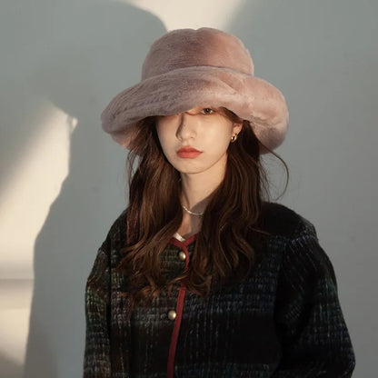Oversized Plush Fluffy Bucket Hat Women Female Fashion Faux Fur Autumn Winter Hat  Large Warm Clouds Fisherman Cap luxury hat