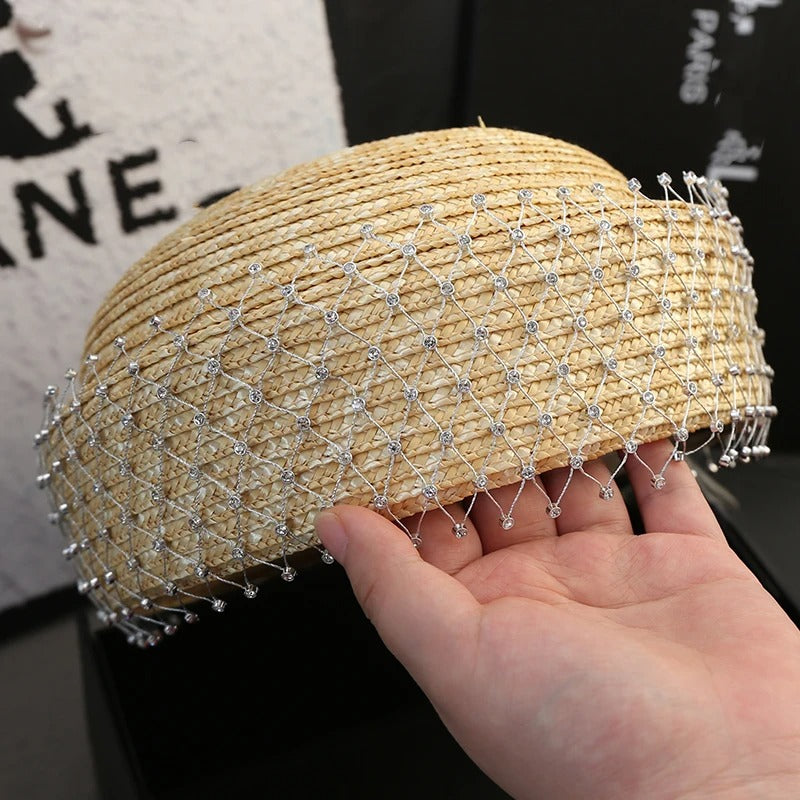 2025 Rhinestone Shiny  Straw Beret Women's Natural Bucket Sun Hat Circle Concave Top Straw Hat Church Derby Party Beach Hat