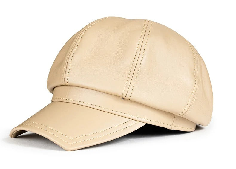 Square Octagonal Retro Genuine Leather Hat Men's Sheepskin Leather Beret Casual Fashion Student Tongue Cap Caps Brown/Black