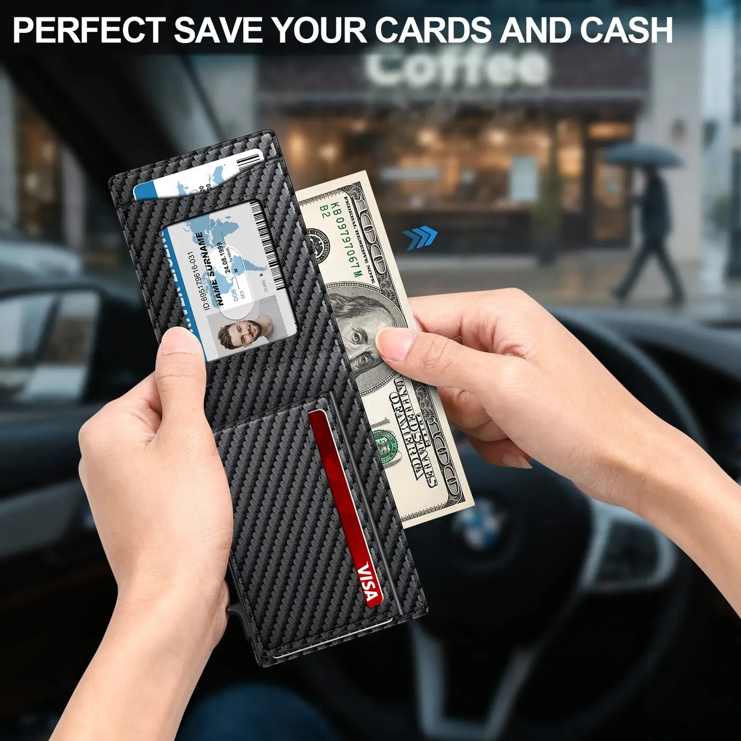 Men's Minimalist Bifold Wallet - 1 ID Window, Pop-Up Card Holder, Money Clip