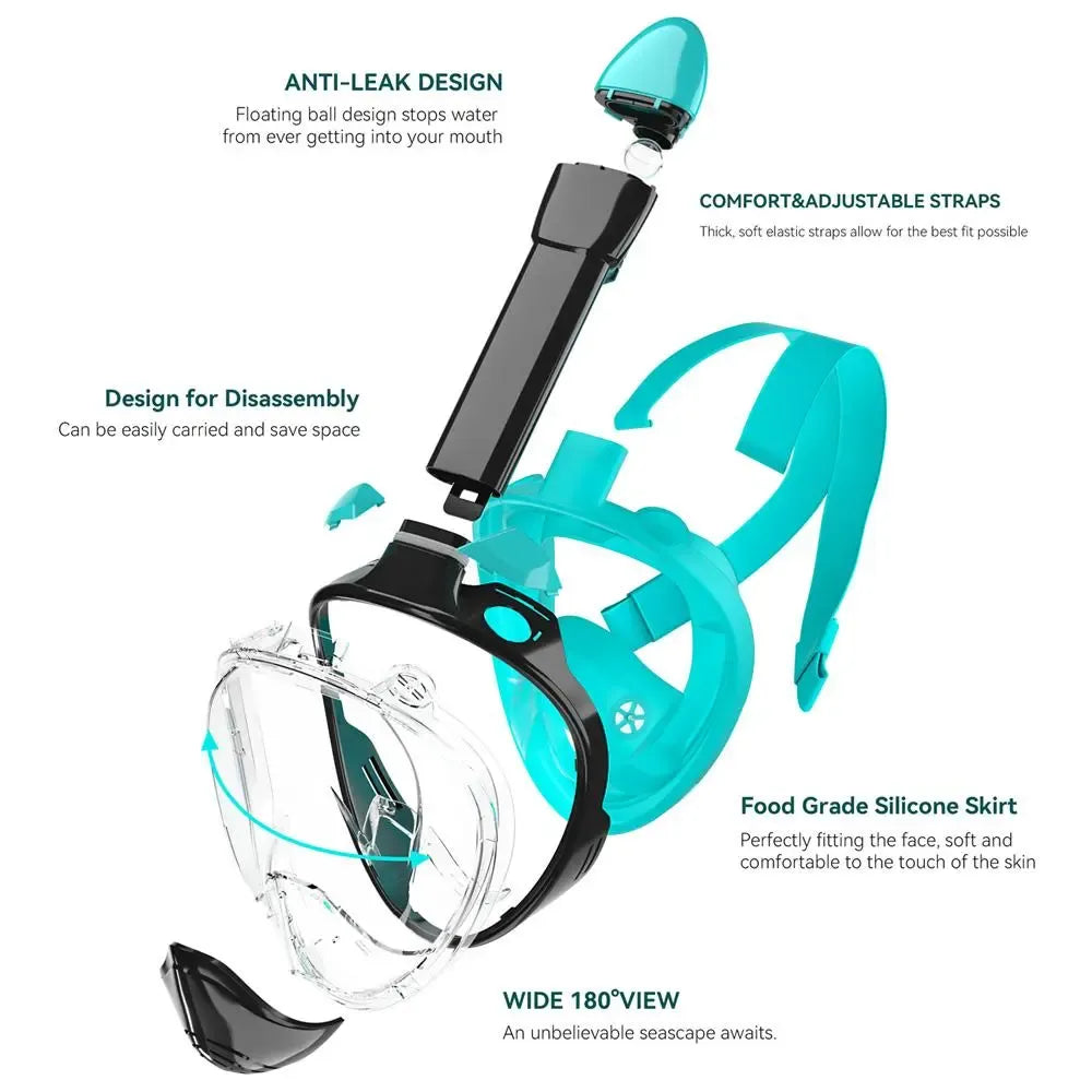 Full Face Diving Mask Set, Anti-Fog and Anti-Leak Snorkel Mask with Breathing Tube and Camera Mount, Outdoor Water Sports Diving Gear for Snorkeling and Swimming Adventures