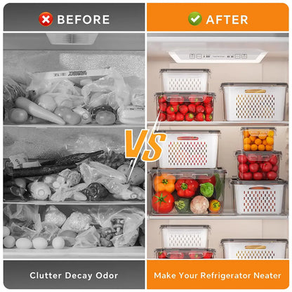 5 Pack Fridge Organizers and Storage - Stackable Fruit Storage Containers for Fridge with Removable Colander, BPA-Free Food Storage Container for Salad Berry Lettuce Vegetables Meat Keeper Fresh