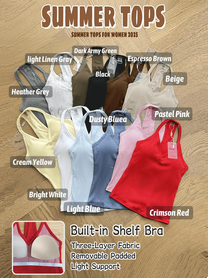 V Neck Cotton Tank Tops with Built-in Shelf Bra Sleeveless Racerback Fitted Basic Cami Shirts
