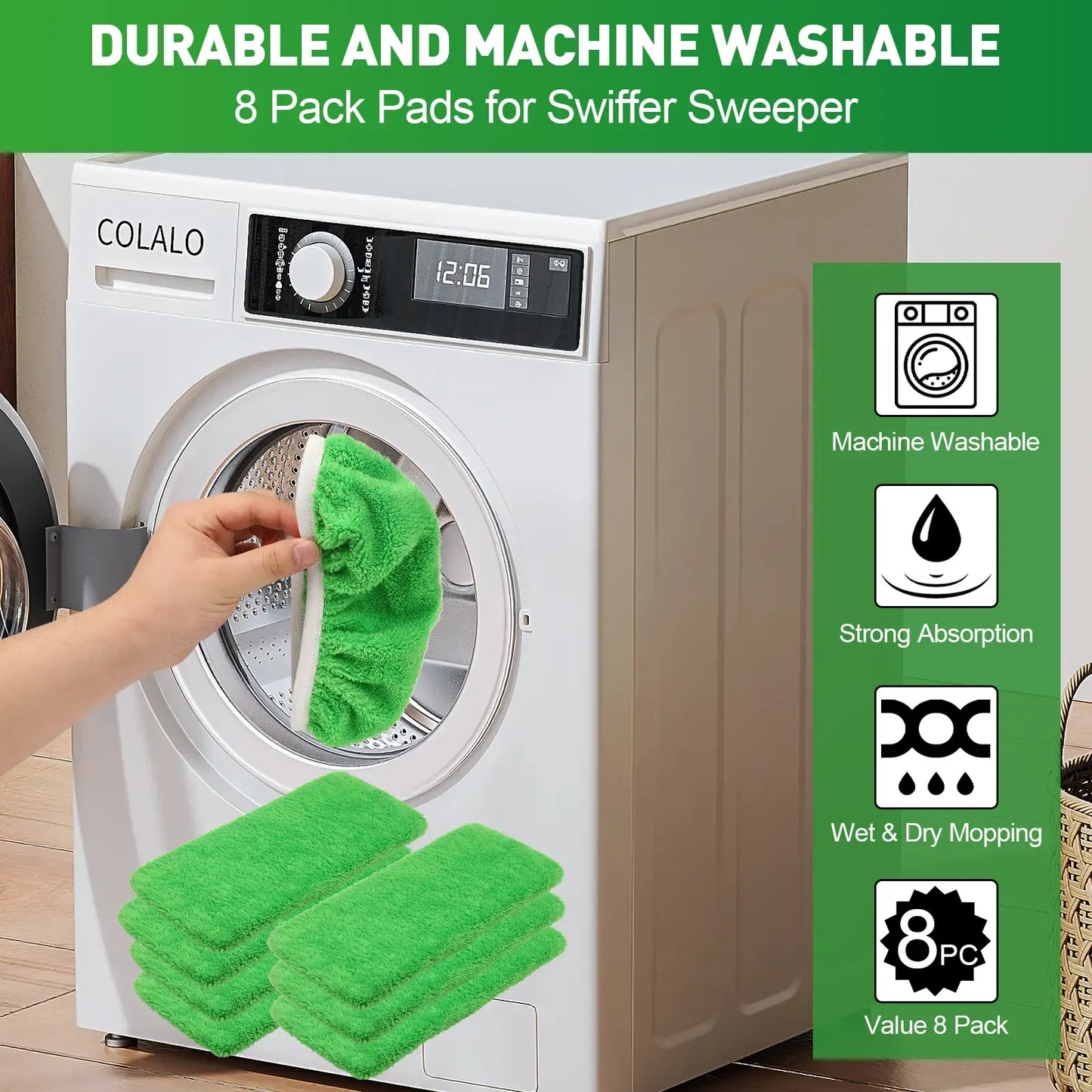 8Pcs Microfiber Mop Pads Compatible with  Mop Wet and Dry Flat mop Cover Replacement Reusable Sweeping pad Refills Handle Not Include