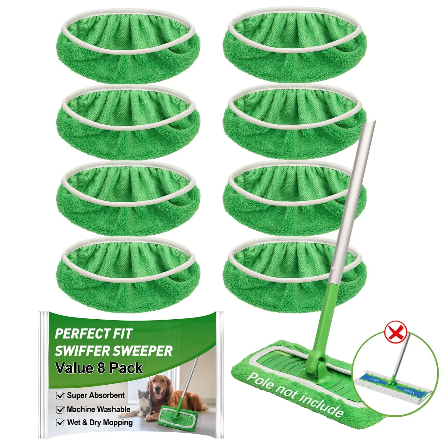 8Pcs Microfiber Mop Pads Compatible with  Mop Wet and Dry Flat mop Cover Replacement Reusable Sweeping pad Refills Handle Not Include