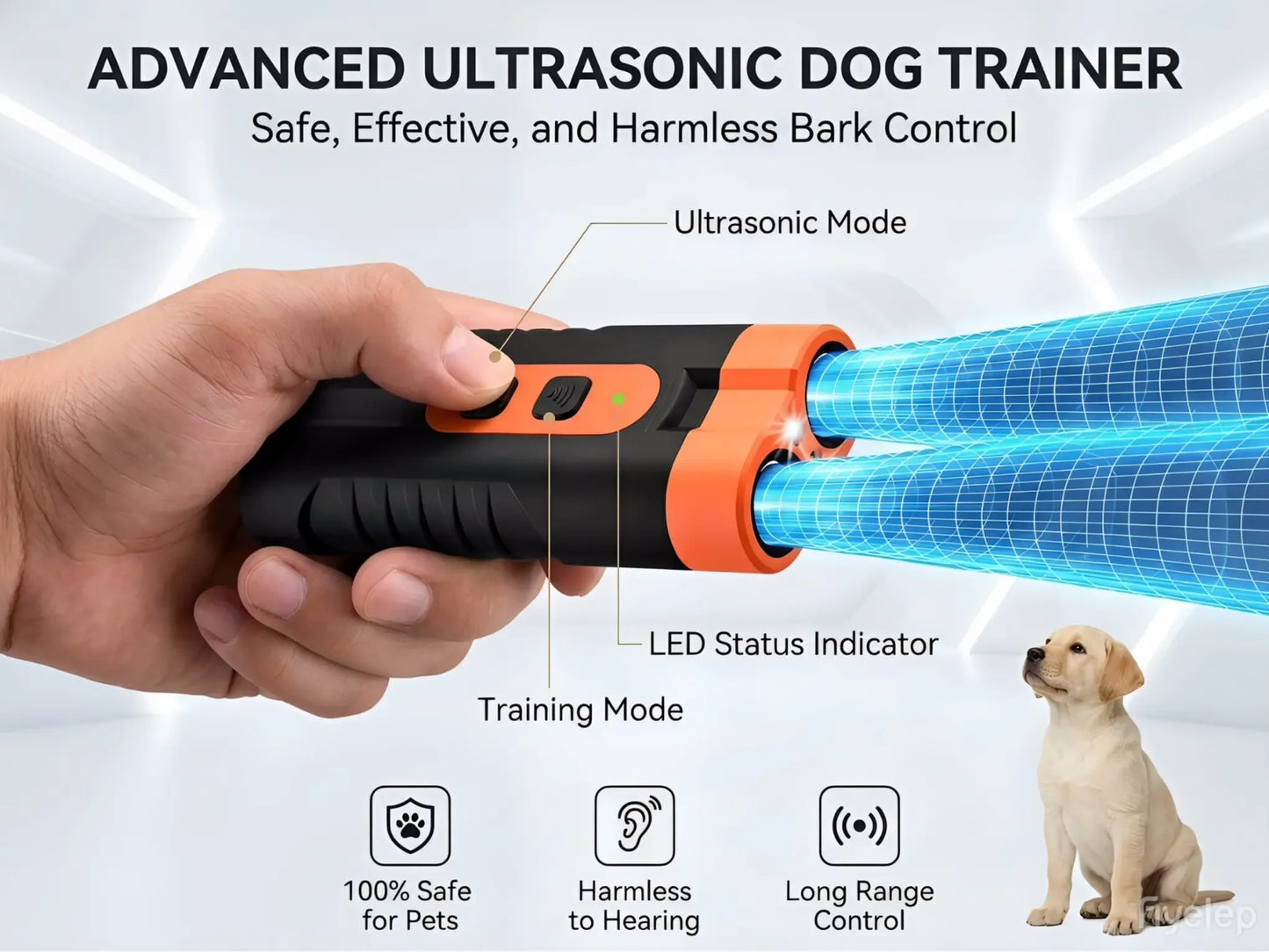 Ultrasonic Dog Barking Deterrent Training Tool - USB-Rechargeable, Dual Emitters, 50ft Range, 25KHz Frequency, Flashlight, Portable Grip, Accessory Kit for Indoor & Outdoor Dog Behavior Control