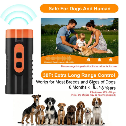 Ultrasonic Dog Barking Deterrent Training Tool - USB-Rechargeable, Dual Emitters, 50ft Range, 25KHz Frequency, Flashlight, Portable Grip, Accessory Kit for Indoor & Outdoor Dog Behavior Control