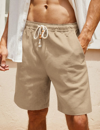 Men's Linen Casual Elastic Waist Drawstring Summer Beach Shorts