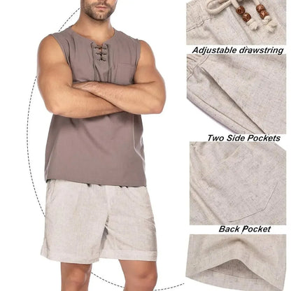 Men's Linen Casual Elastic Waist Drawstring Summer Beach Shorts