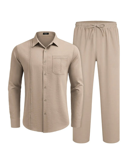 Men's 2 Piece Sets Casual Long Sleeve Button Down Cuban Shirt & Loose Pants