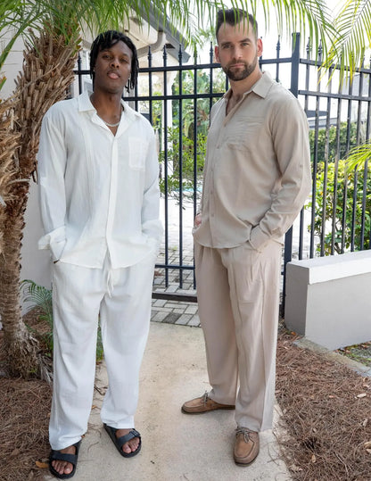 Men's 2 Piece Sets Casual Long Sleeve Button Down Cuban Shirt & Loose Pants