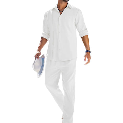 Men's 2 Piece Sets Casual Long Sleeve Button Down Cuban Shirt & Loose Pants