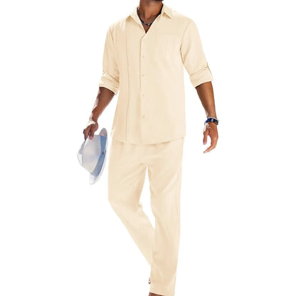 Men's 2 Piece Sets Casual Long Sleeve Button Down Cuban Shirt & Loose Pants