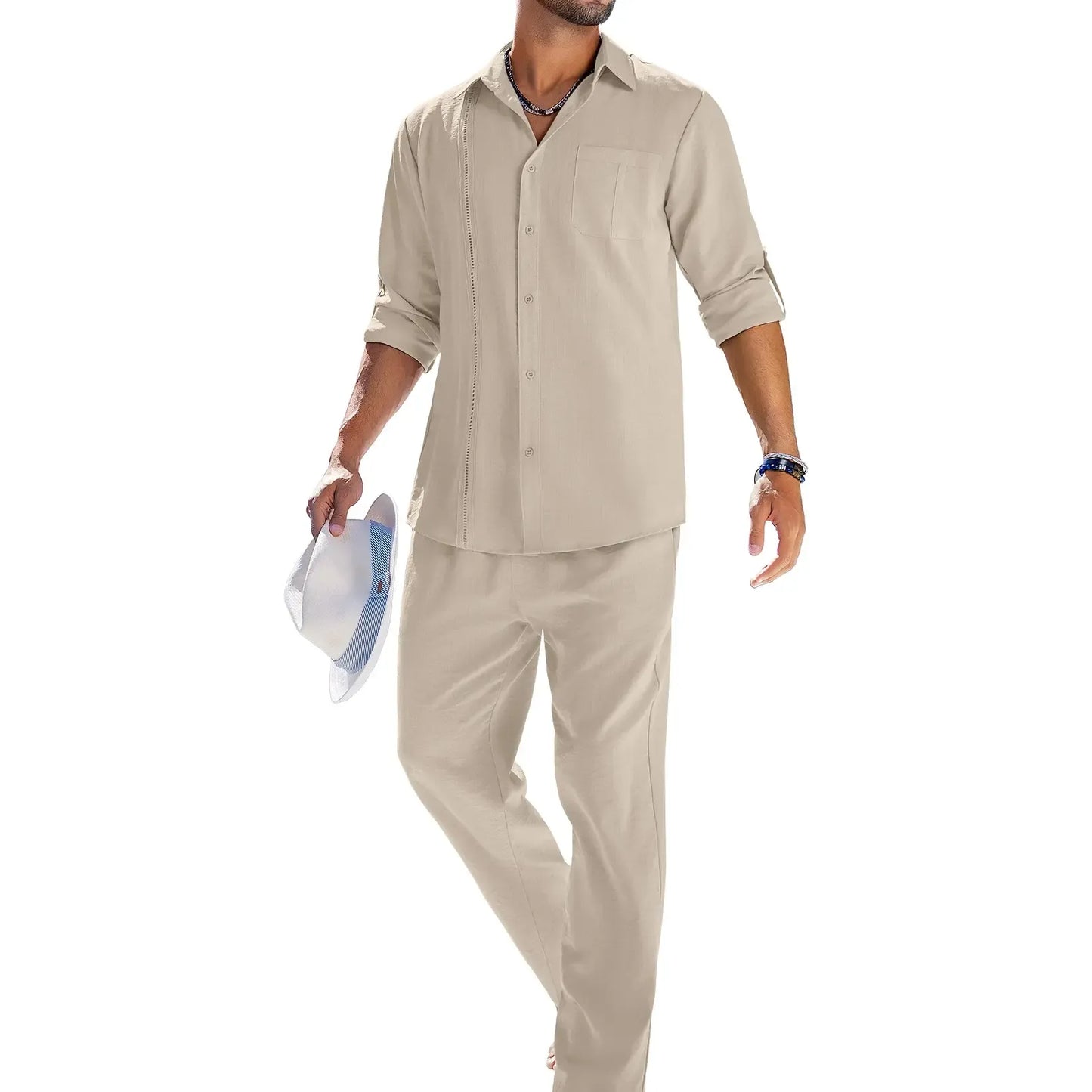 Men's 2 Piece Sets Casual Long Sleeve Button Down Cuban Shirt & Loose Pants