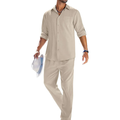 Men's 2 Piece Sets Casual Long Sleeve Button Down Cuban Shirt & Loose Pants