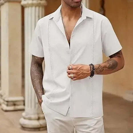 men's button up shirt, loose pleated short sleeved casual shirt