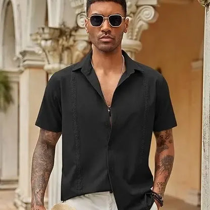 men's button up shirt, loose pleated short sleeved casual shirt