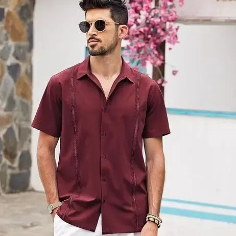 men's button up shirt, loose pleated short sleeved casual shirt