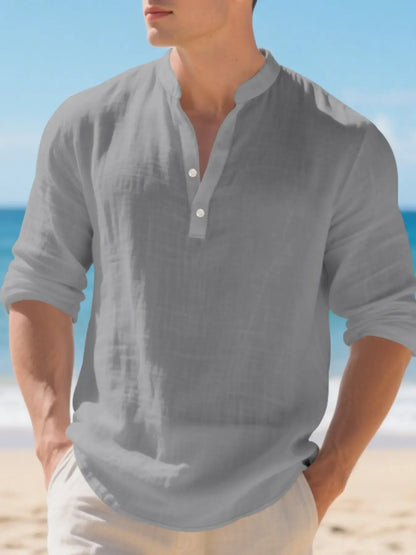 Men's Linen Stand Collar Shirt, Casual Buttons Collared Loose Breathable Long Sleeve Casual Top