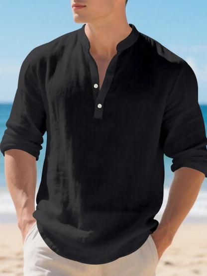 Men's Linen Stand Collar Shirt, Casual Buttons Collared Loose Breathable Long Sleeve Casual Top