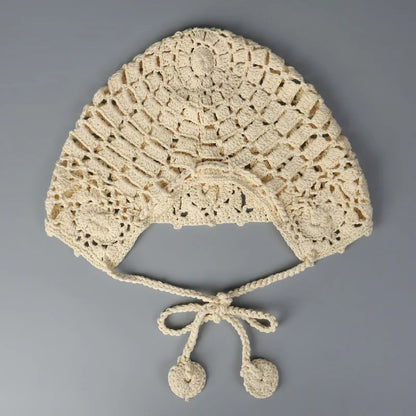 New Handmade Fashion Crochet Lace Knit Hat  Spring Summer Ball Fringe Ear Strap Hat  Red Ladies Crochet Hat  Floral Skull Cap