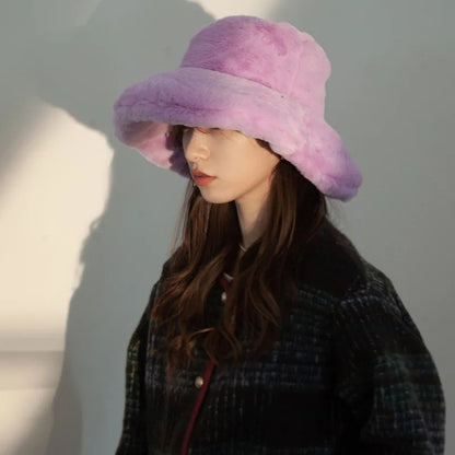 Oversized Plush Fluffy Bucket Hat Women Female Fashion Faux Fur Autumn Winter Hat  Large Warm Clouds Fisherman Cap luxury hat