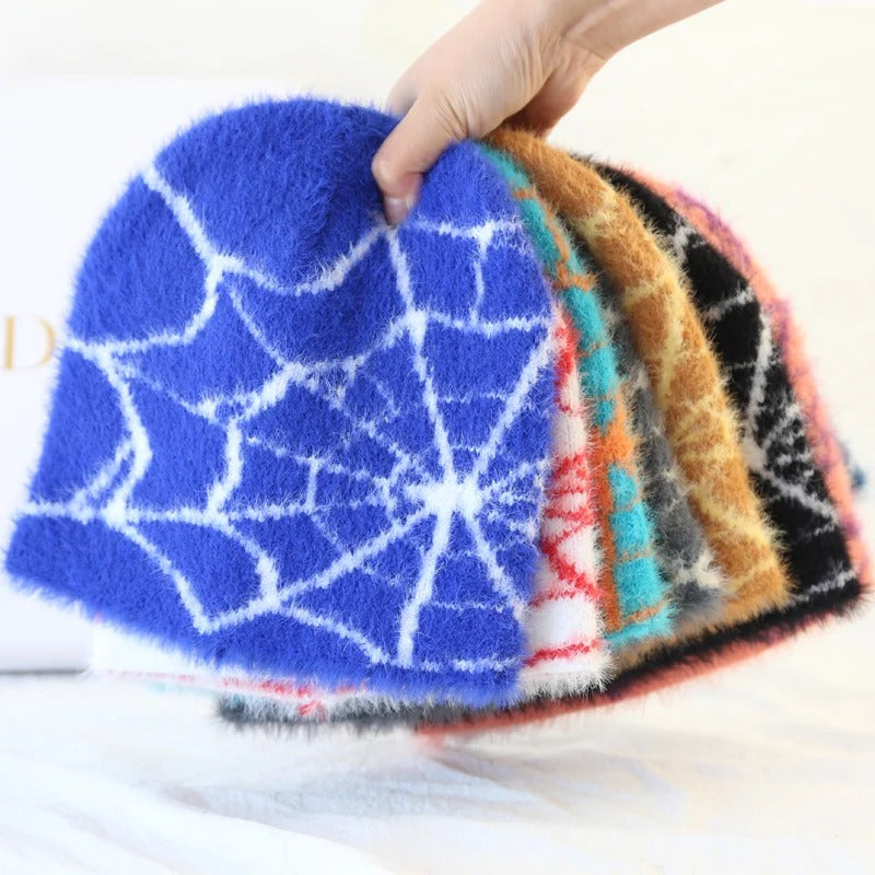 Fashion Plush Knit  Spider Web Design Hat for Men Women Pullover Pile Cap Goth  Warm Beanie Hats New Hip-hop Street Cap