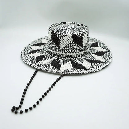 Black White Pattern Toquilla Straw Hats Panama Hats Pearls Chain Sun Hats for Women Men Handmade Fedora Beach Travel Hat