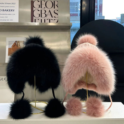 Outdoor Earflap hat Wool Knitted Snow Ski Cap Fleece Bomber Trapper Hat Women Fox Fur Pompom Winter