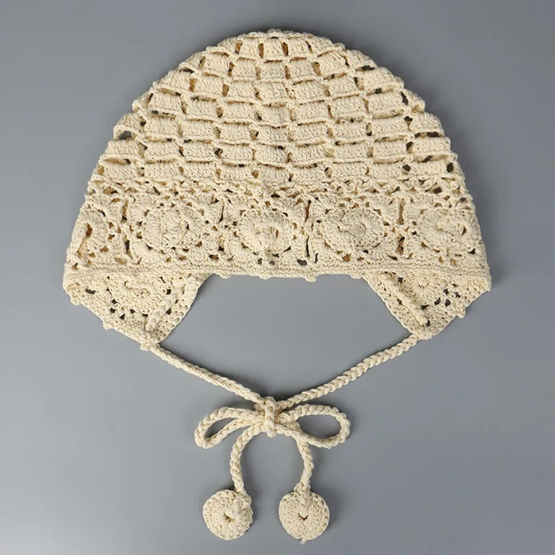 New Handmade Fashion Crochet Lace Knit Hat  Spring Summer Ball Fringe Ear Strap Hat  Red Ladies Crochet Hat  Floral Skull Cap