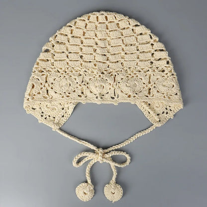 New Handmade Fashion Crochet Lace Knit Hat  Spring Summer Ball Fringe Ear Strap Hat  Red Ladies Crochet Hat  Floral Skull Cap