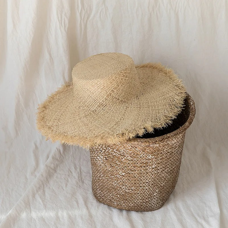 100% Handmade Natural Raffia Hats Women Flat Top Wide Brim Straw Hat Beach Hat Lady  Holiday Panama Sun Protection Sun Hat