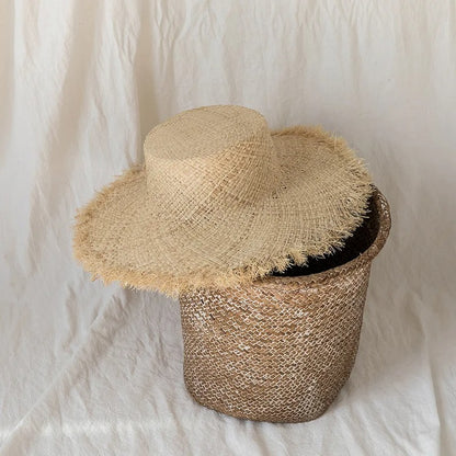 100% Handmade Natural Raffia Hats Women Flat Top Wide Brim Straw Hat Beach Hat Lady  Holiday Panama Sun Protection Sun Hat