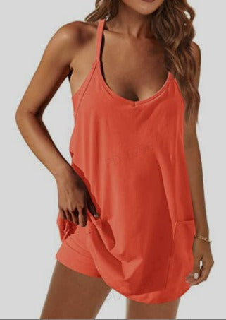 Women's Sleeveless Sports Romper Dress - Athletic V-Neck Spaghetti Strap Mini Sundress