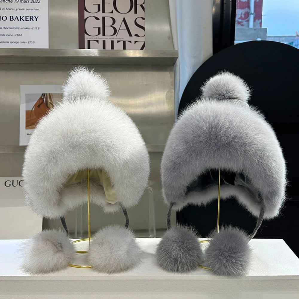 Outdoor Earflap hat Wool Knitted Snow Ski Cap Fleece Bomber Trapper Hat Women Fox Fur Pompom Winter