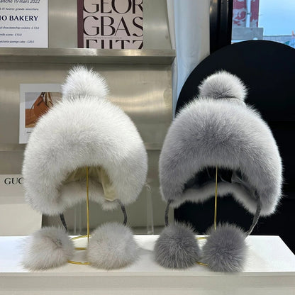 Outdoor Earflap hat Wool Knitted Snow Ski Cap Fleece Bomber Trapper Hat Women Fox Fur Pompom Winter
