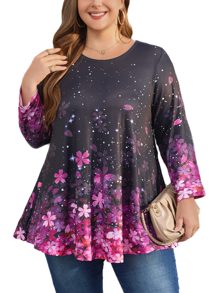 Womens Tunic 3/4 Sleeve Plus Size Tops Crew Neck Swing Flowy Loose Fit T-Shirt Blouses to Wear with Leggings Pink Floral Black Tunic