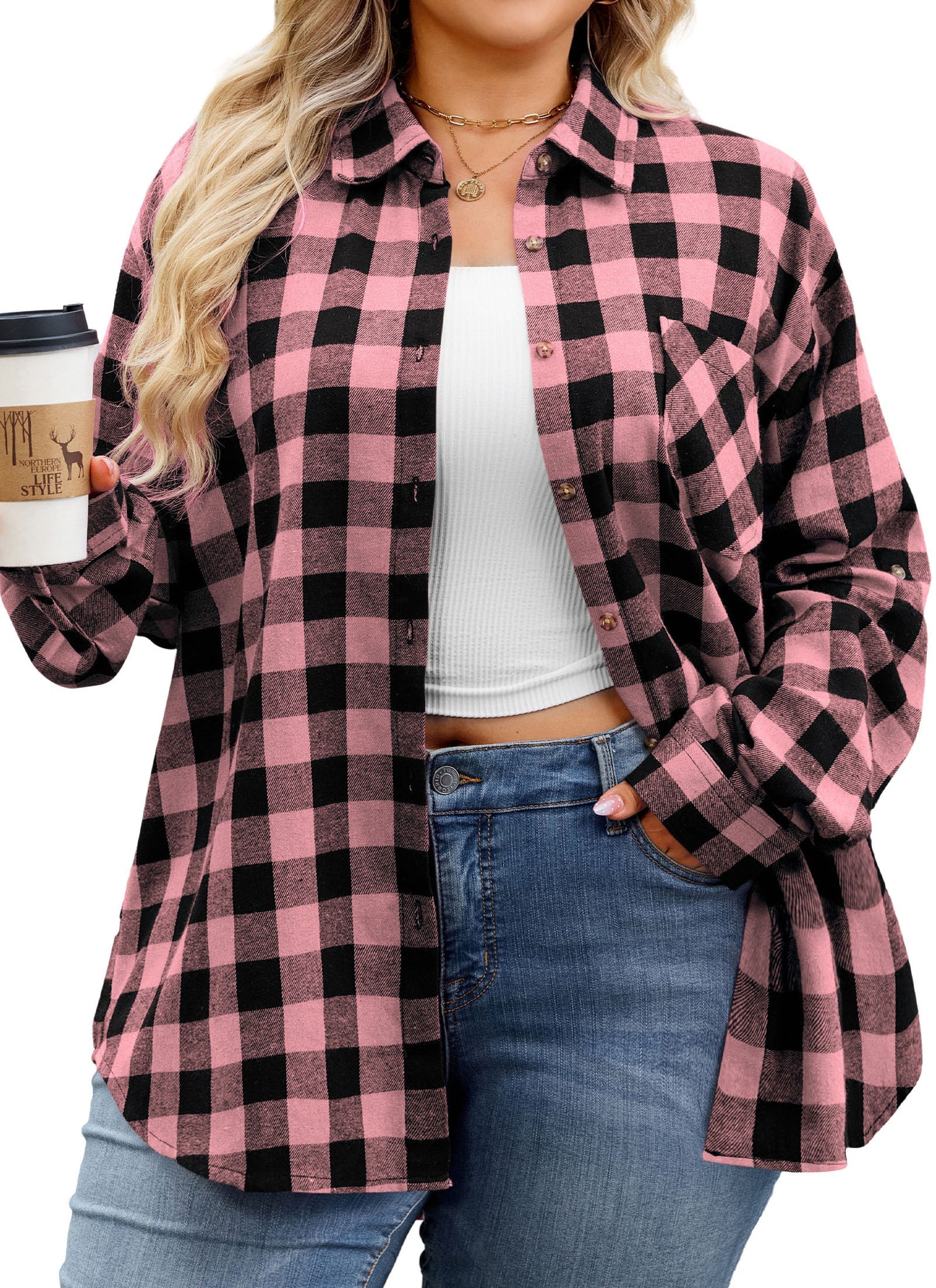 Womens Plus Size Flannel Shirts Long Sleeve Button Down Plaid Shirt Roll Up Oversize Checkered Blouse Top Fall Pink Flannel Plaid Shirt