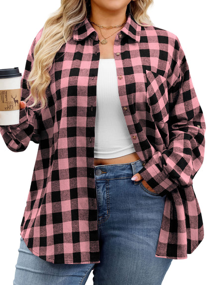 Womens Plus Size Flannel Shirts Long Sleeve Button Down Plaid Shirt Roll Up Oversize Checkered Blouse Top Fall Pink Flannel Plaid Shirt