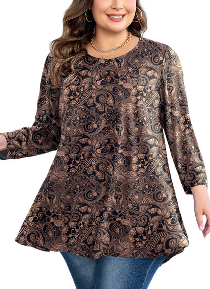 Womens Tunic Tops 3/4 Sleeve Plus Size Crew Neck Swing Flare Loose Fit T-Shirt Blouses to Wear with Leggings Tunic Top Brown