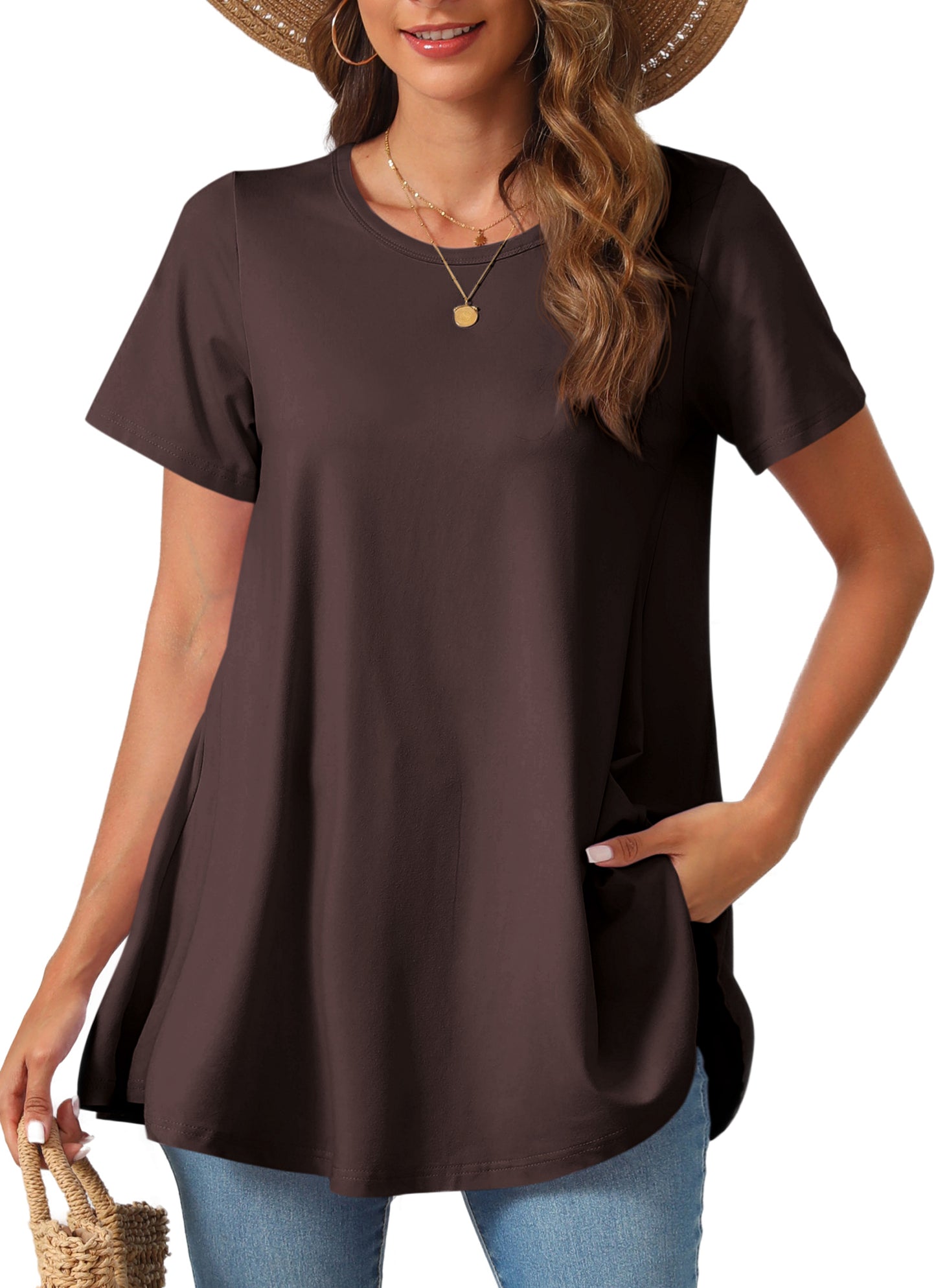 Tunic Tops for Women Plus Size Short Sleeve Crew Neck Swing Flare Loose T-Shirt Blouses to Wear with Leggings  B14 SATXBN