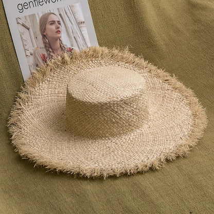 100% Handmade Natural Raffia Hats Women Flat Top Wide Brim Straw Hat Beach Hat Lady  Holiday Panama Sun Protection Sun Hat