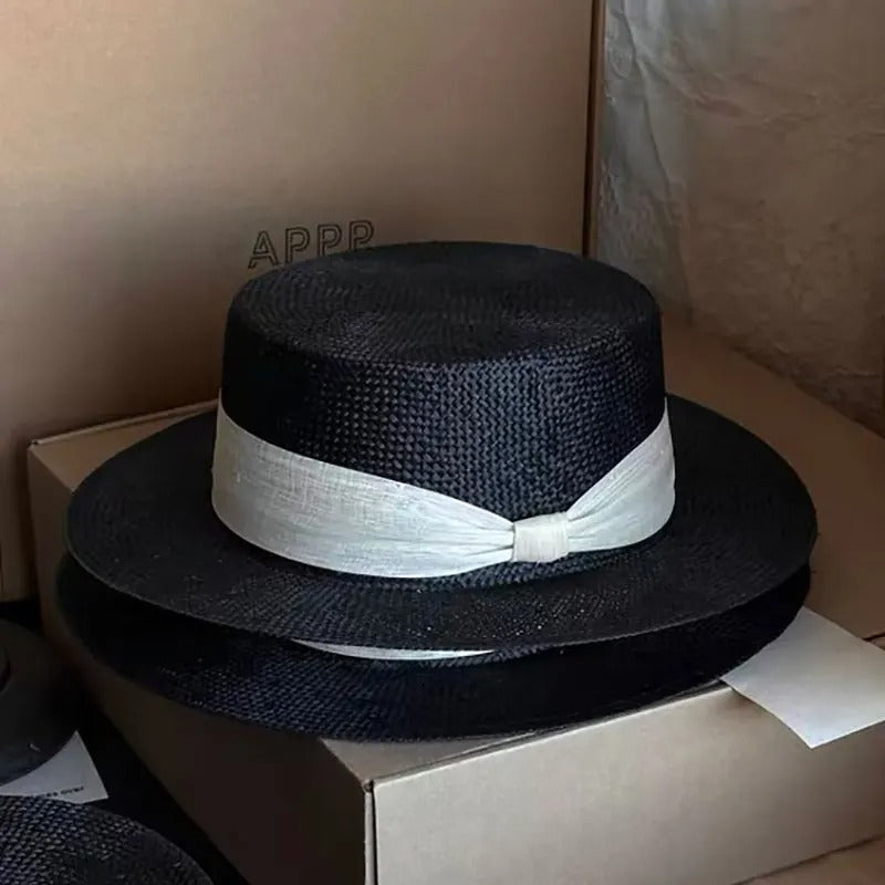 NEW Designer High-quality Customized Version Black Natural Sisal Flat Topped Straw Hat Silk Ribbon Summer Sunhat Dinner Cap