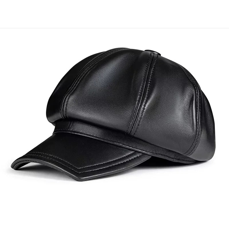 Square Octagonal Retro Genuine Leather Hat Men's Sheepskin Leather Beret Casual Fashion Student Tongue Cap Caps Brown/Black